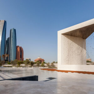 Abu Dhabi, UAE - May 9, 2018: Founder's monument and Etihad towers in Abu Dhabi. Modern architecture.