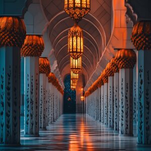 Illuminated Mosque Corridor at Night
